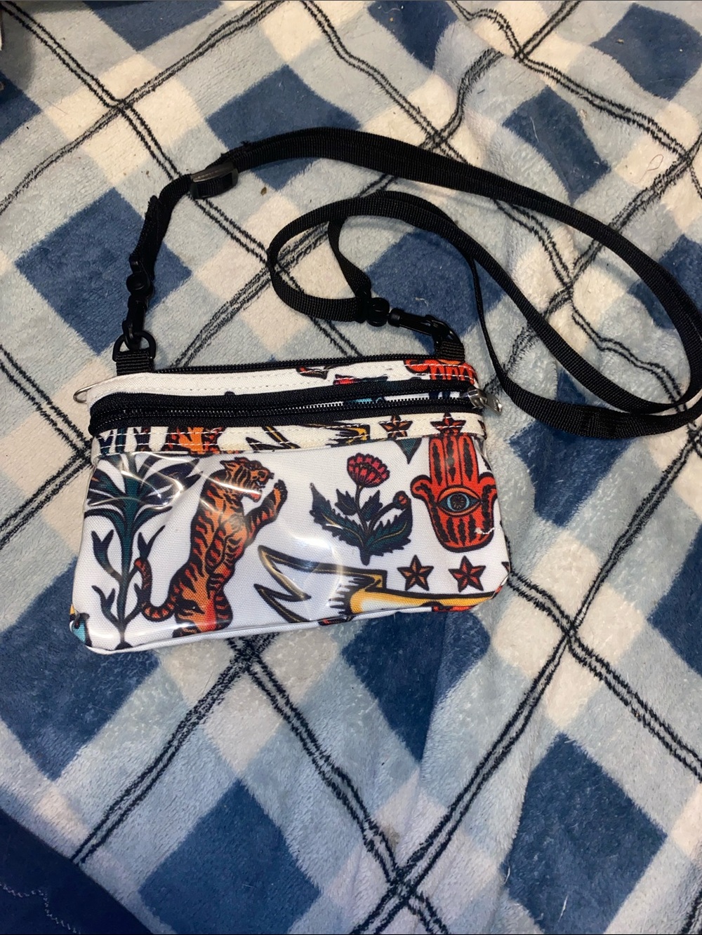White Tattoo-Print Crossbody Pouch with Black Strap